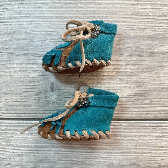 Hand Sewn Turquoise Deer Hide Baby Moccasins - Picture 10 of 16
